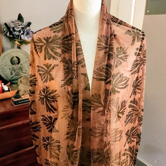 Accessories - Elegant Copper Silk and Velvet Palm Print Scarf